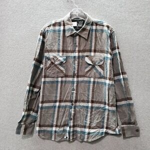 Blue Crown Men Button Up Shirt Large Gray Plaid Flannel Pockets Long Sleeve